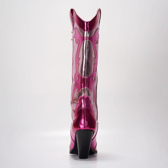Women's Metallic Pink Mid Calf Western Pointed Toe Comfortable Heel Boots - Picture 6 of 8